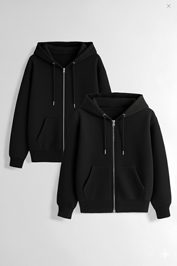 2-Piece Unisex Zippered Hooded Basic Sweatshirt Cardigan - Cotton Comfortable Cut 2 Thread