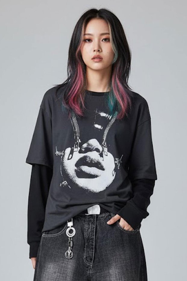 Füme Women Portrait Black Sleeves Slim Gothic Unisex T-Shirt