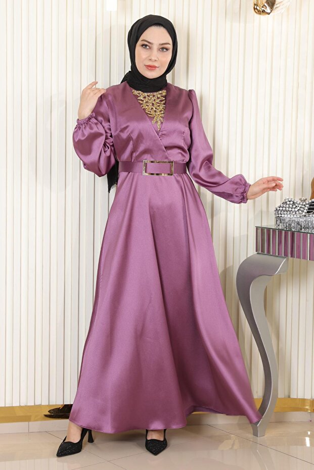 Stone Detailed Satin Evening Dress Dusty Rose Msw19901-5