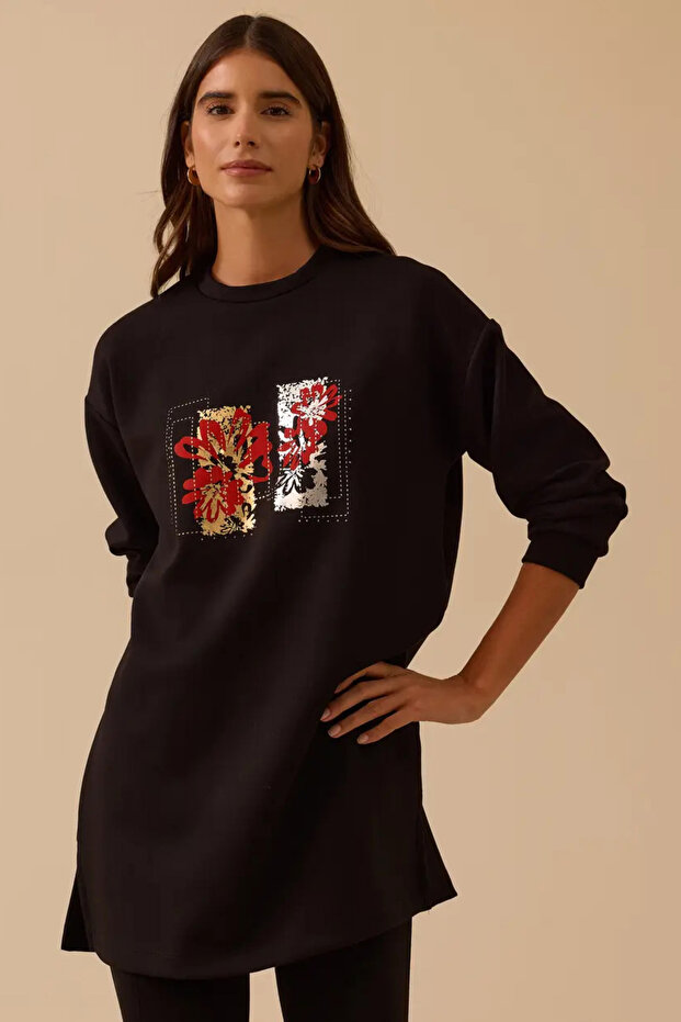 Kadın Çiçek Baskılı Sweatshirt - Siyah - 1