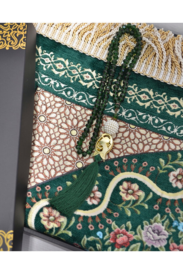Velvet Lined Prayer Rug and Crystal Prayer Beads Luxury Gift Dowry Set with Special Box
