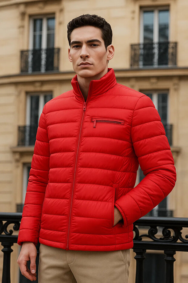 Erkek Trend Basic Dik Yaka Kışlık Kırmızı Şişme Mont - 2