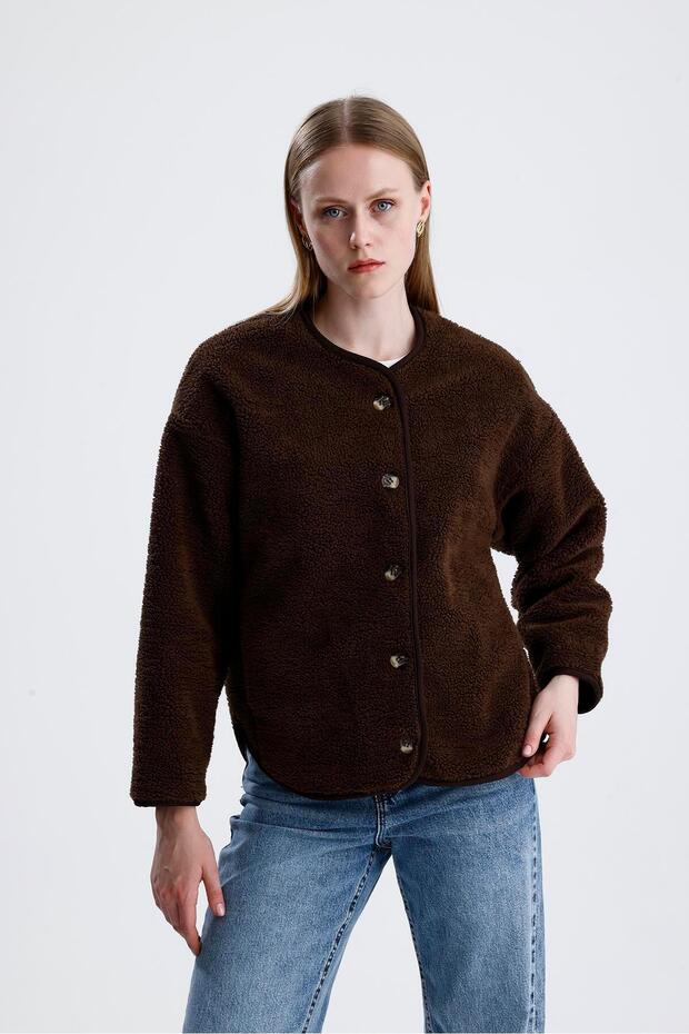 Fleece-lined button-down plush jacket - coffee - 3