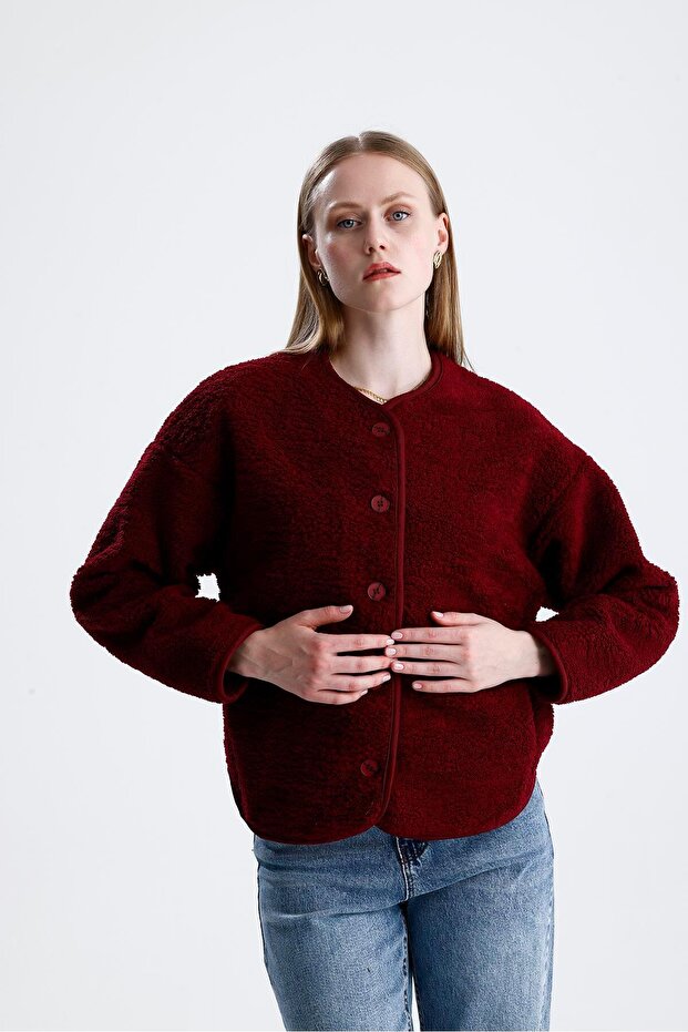 سترة فروي مبطنة بالصوف مع أزرار - بورجوندي - 4