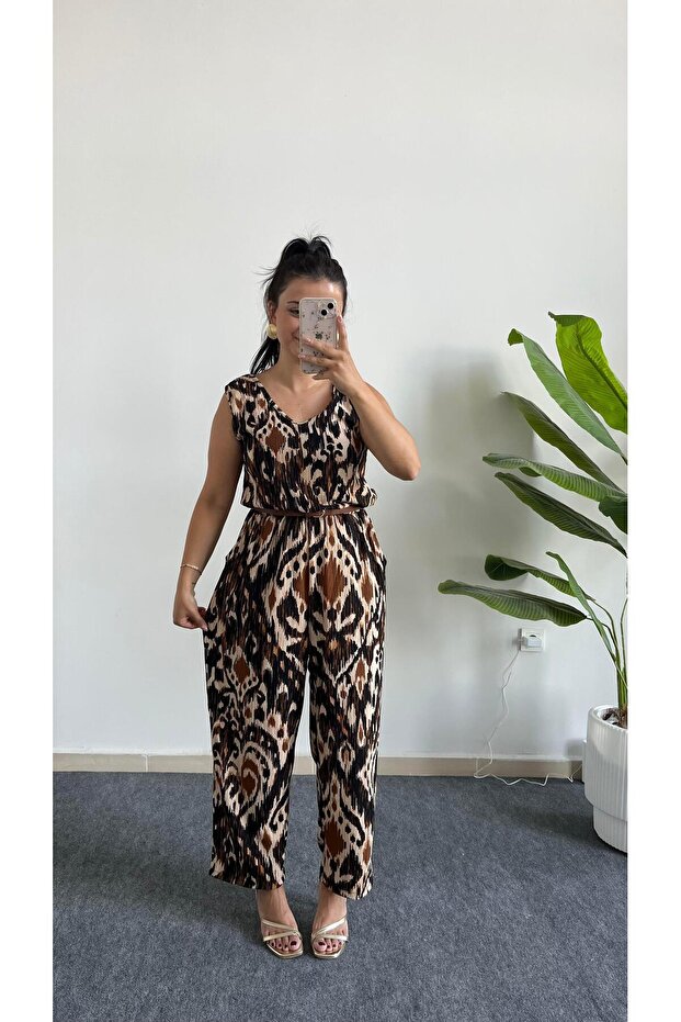 Brode Patterned Wrinkled Jumpsuit - Brown - 5