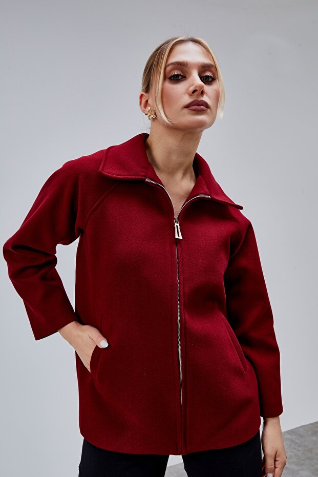 Claret Red Oversized Zippered Cashmere Jacket