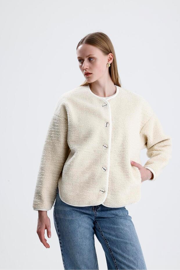 سترة فروي مبطنة بالصوف مع أزرار - حجر - 6