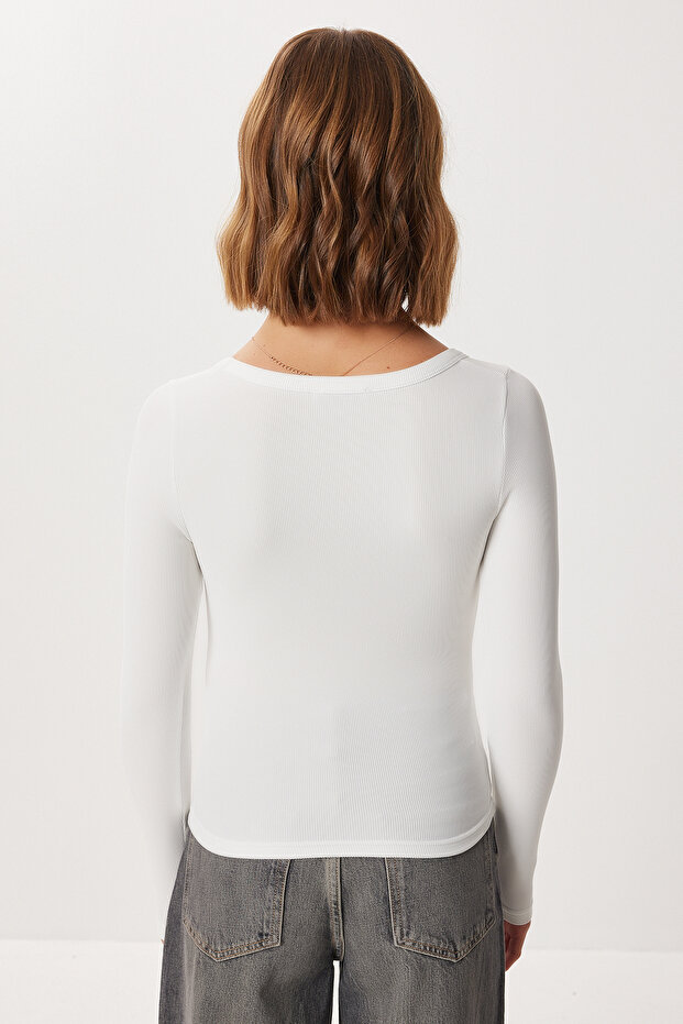 U Yaka Basic Fitilli Örme Bluz LBY0018 EKRU - 6