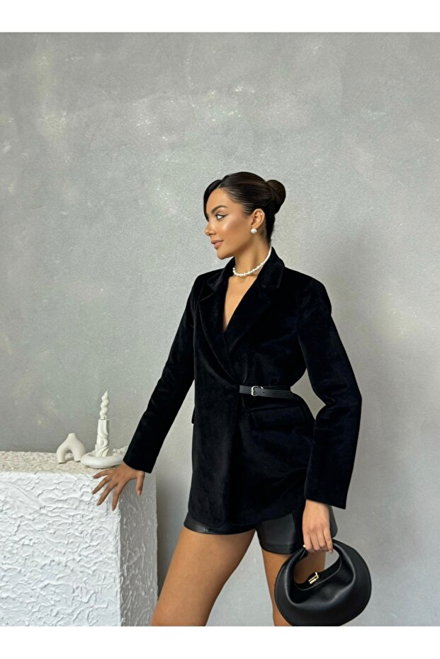 Lined Short Cashmere Leya Jacket with Side Belt Detail