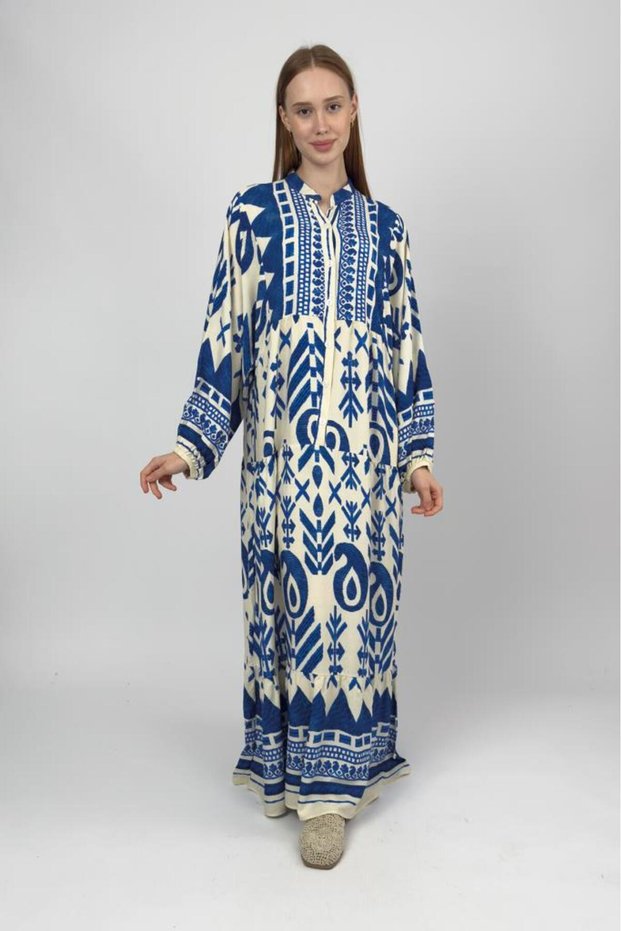 Women's Cotton Patterned Long Dress Cobalt Blue