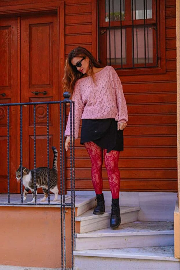 Kadın Pembe Triko Örme Basic Mevsimlik Kazak - 3