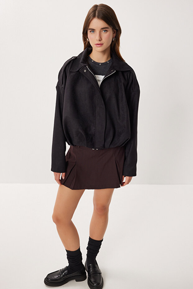 Suede Look Bomber Jacket Loh0014 Black