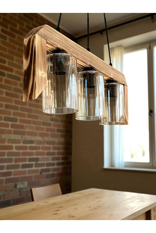 Retro Rustik Modern El Yapımı İşçiliği İle Doğal Ahşaptan Üretilmiş Bal Camlı 3'lü Ahşap Avize - 2