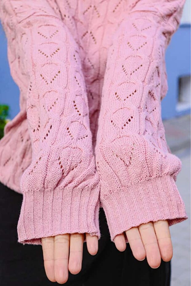 Kadın Pembe Triko Örme Basic Mevsimlik Kazak - 7