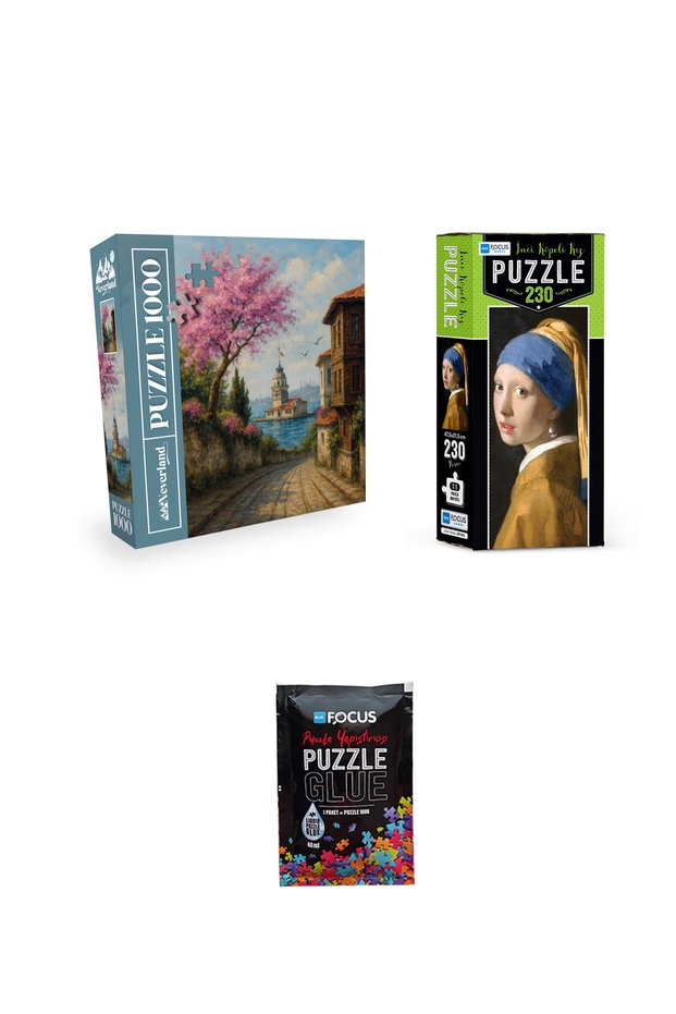 1000 Piece Puzzle Girl's Tower Memories and 230 Piece Girl with Pearl Earrings and Puzzle Adhesive