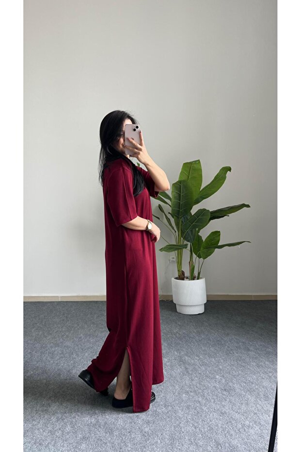 Mayda Yarım Kol Modal Basic Elbise - Bordo - 2