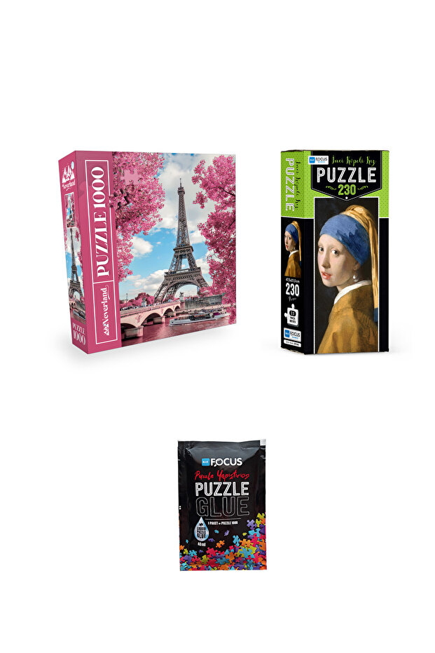 1000 Piece Puzzle Eiffel Tower and 230 Piece Girl with Pearl Earrings and Puzzle Adhesive