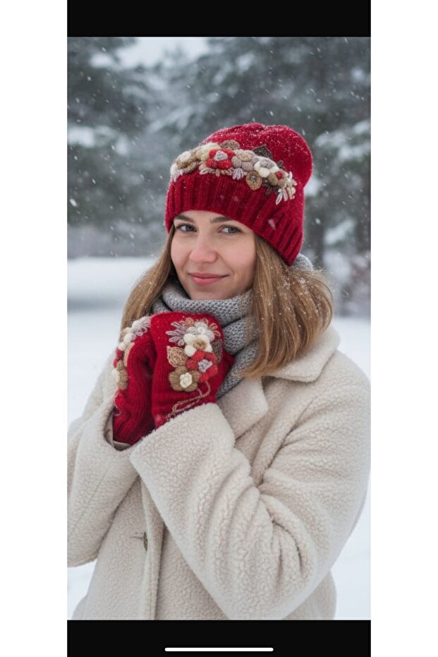 İşlemeli eldivenli şapka takımı - 1