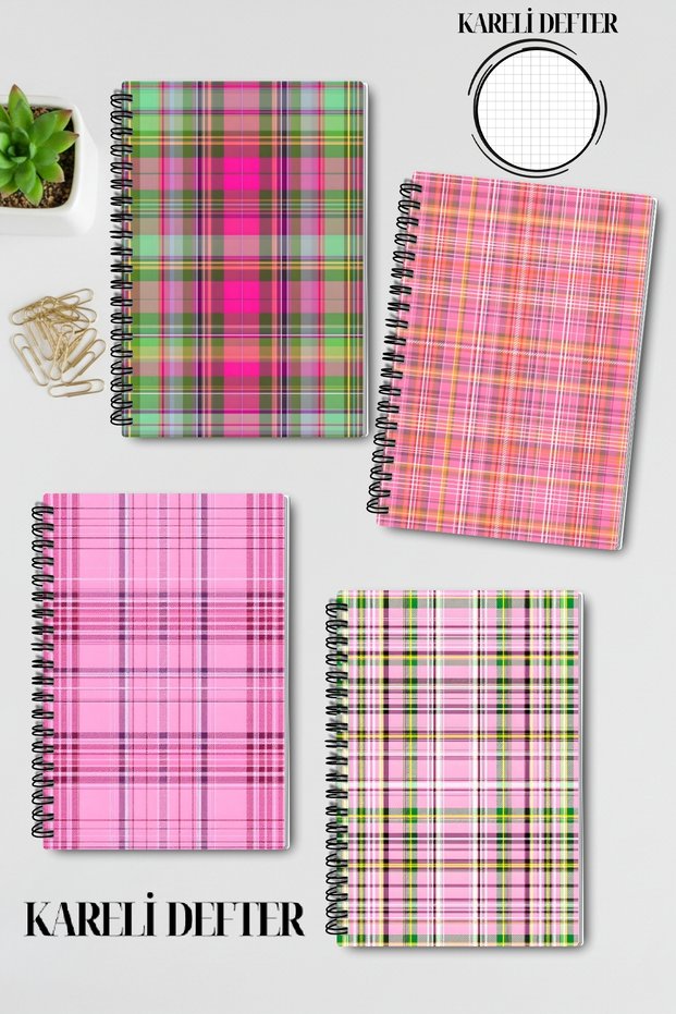 Vintage Plaid Patterned Design Wire Spiral A5 Checkered 4-Piece Souvenir, Memory, School Notebook Set