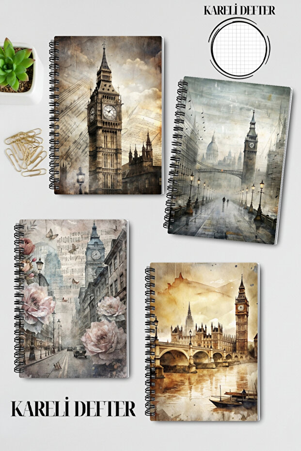 London Themed Design Wire Spiral A5 Squared 4-Piece Souvenir, Memory, School Notebook Set