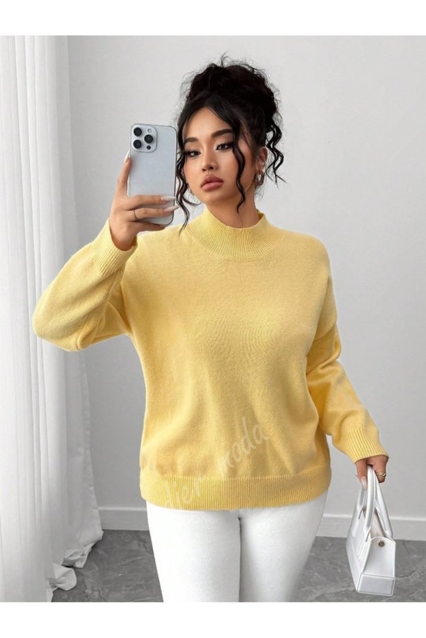 Women's Butter Yellow Mock Neck Oversized Knitwear Sweater, Knitwear Sweater Fmoda1966