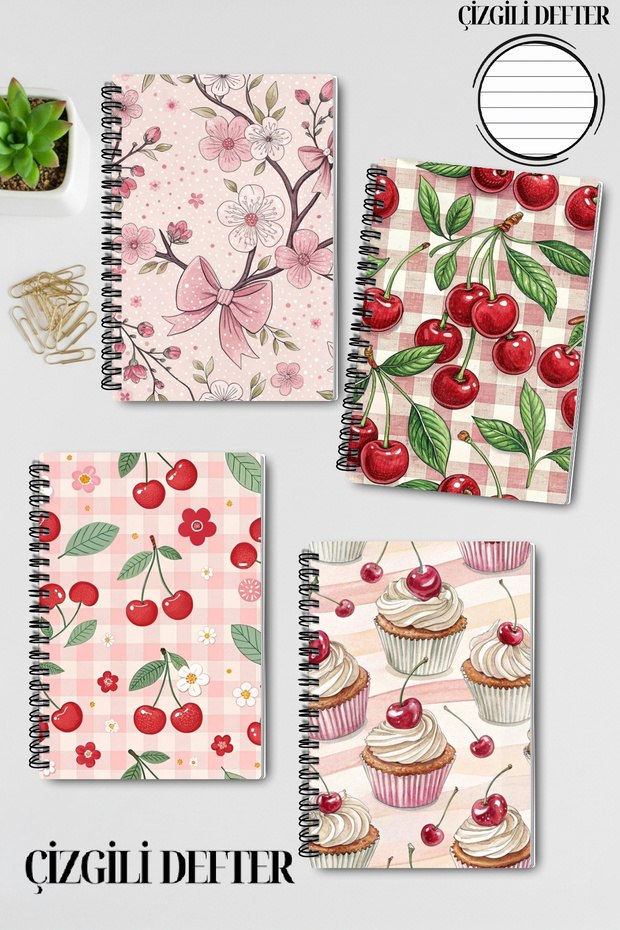 Pink Cherry Themed Design Wire Spiral A5 Lined 4-Piece Souvenir, Memory, School Notebook Set