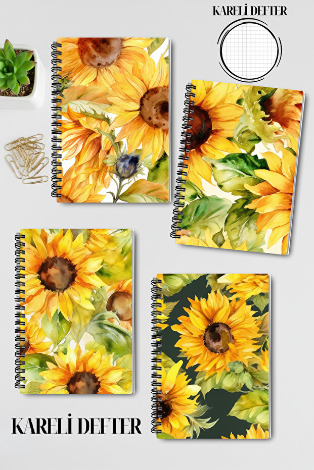 Nature Themed Sunflowers Design Wire Spiral A5 Squared 4-Piece Souvenir, Memory, School Notebook Set