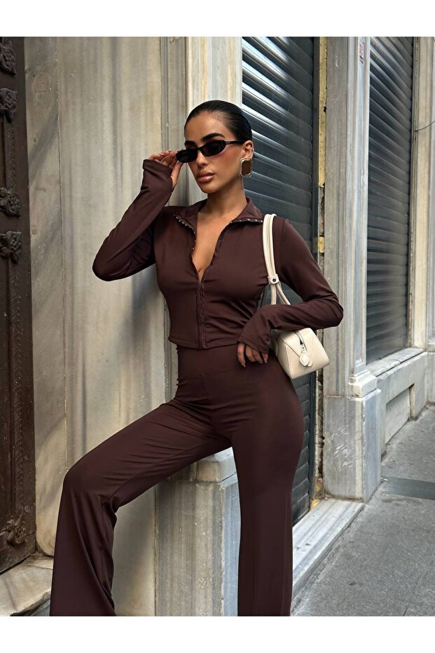 Agraflı Stretch Fabric Crop High Waist Flared Pants Diving Suit