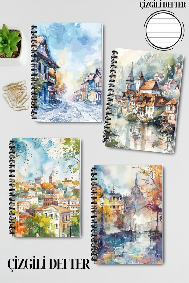 Vintage Autumn City Themed Design Wire Spiral A5 Lined 4-Piece Souvenir, Memory, School Notebook Set