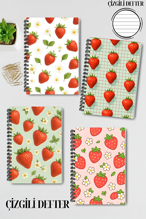 Strawberry Themed Design Wire Spiral A5 Lined 4-Piece Souvenir, Memory, School Notebook Set