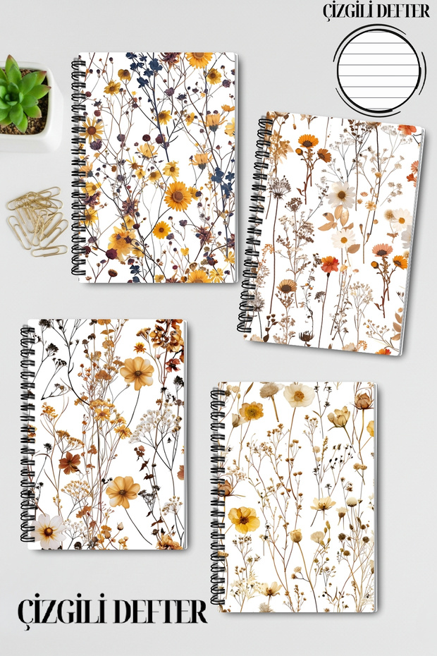 Autumn Wildflowers Design Wire Spiral A5 Lined 4-Piece Souvenir, Memory, School Notebook Set