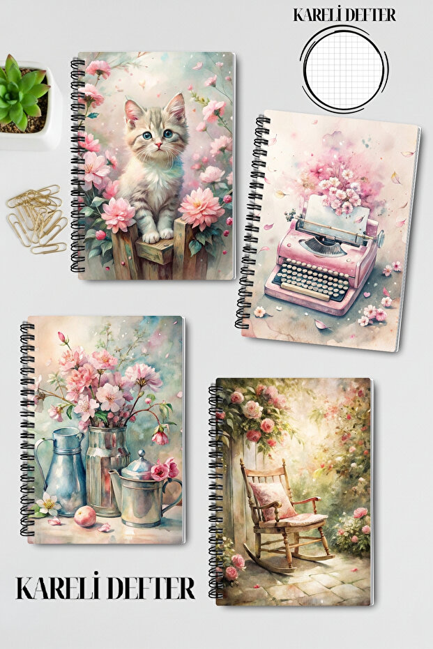 Pink Dreams Nostalgic Design Wire Spiral A5 Checkered 4-Piece Souvenir, Memory, School Notebook Set