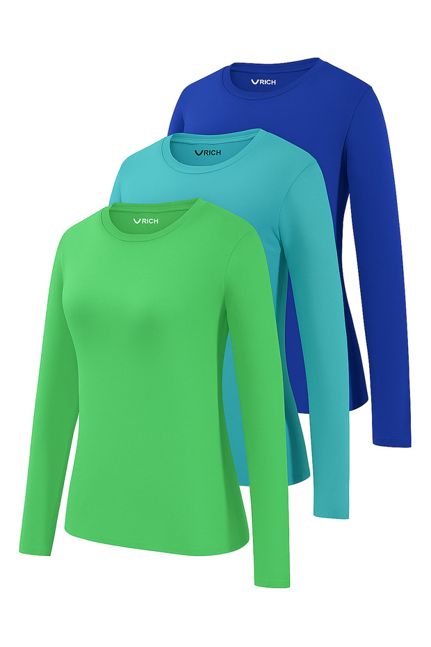 Women's Cobalt Blue-Green-Turquoise 3-Pack Crew Neck Long Sleeve Bodysuit