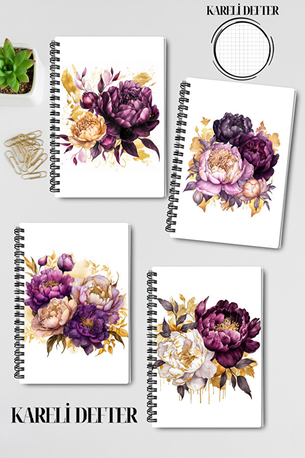 Nature Themed Colorful Flowers Design Wire Spiral A5 Squared 4-Piece Souvenir, Memory, School Notebook Set