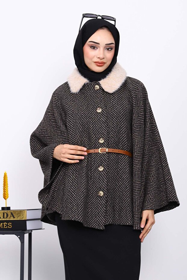 Mink Collar Fur Belted Poncho