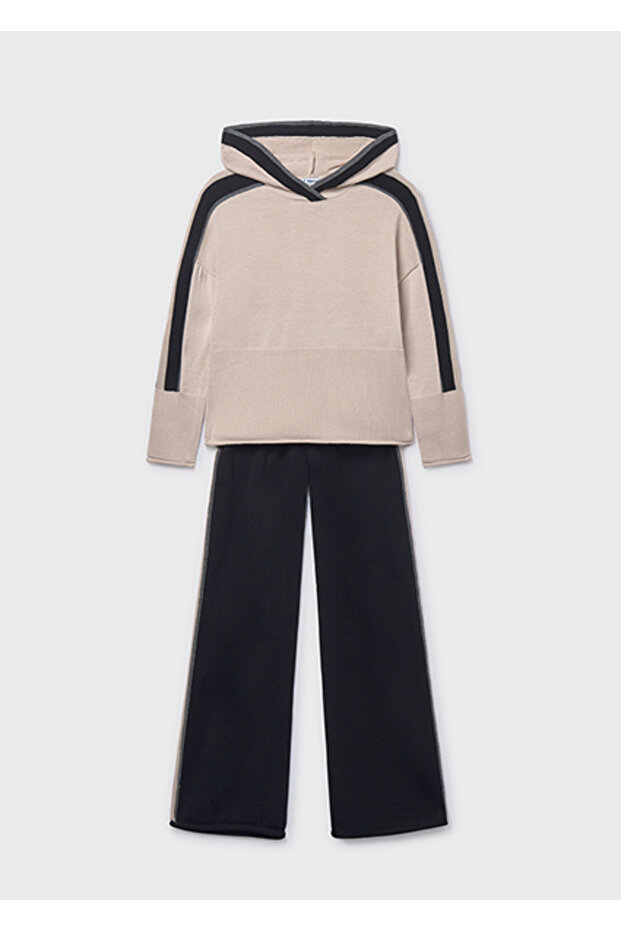 Beige-Black Girls' Pants Hooded Sweater Set 7585