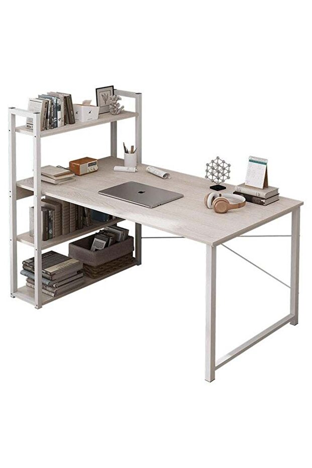 SKY-TOUCH Computer Desk Table with Shelves, 4 Tier Study Table with Bookshelf Desk Storage Reversib - 1