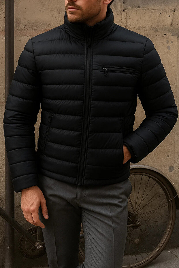 Erkek Kışlık Slim Fit Günlük Siyah Şişme Mont - 3