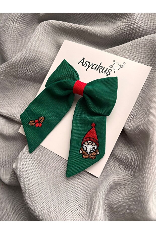Green Christmas Gnome Embroidered Bow Children's Buckle