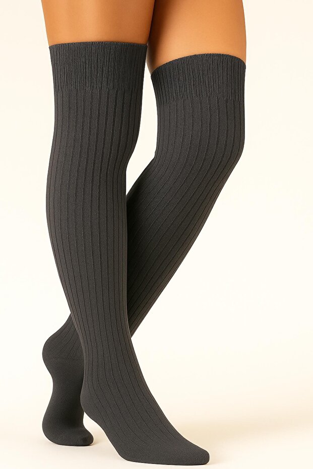 2 Çift Basic Lastikli Kalın Pamuk Karışımlı Diz Üstü Çorap - 5