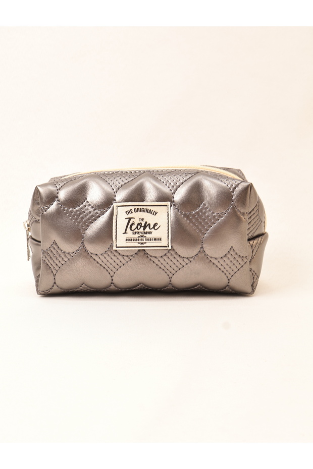 Heart Quilted Embroidered Metallic Colored Makeup Bag