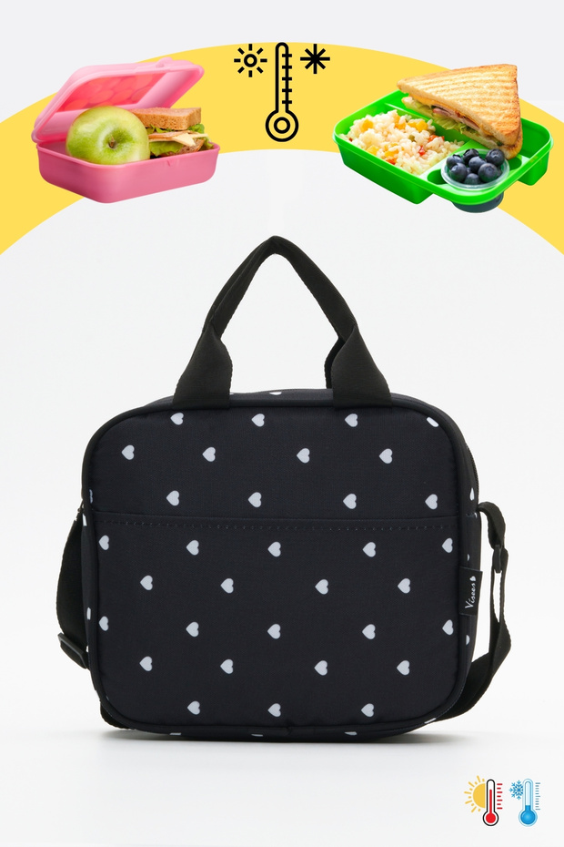 visees Isı Yalıtımlı Çocuk Beslenme Çantası- Termal - Unisex - Siyah Kalp Desenli