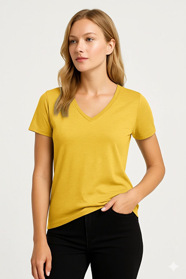 Kadın V Yaka Basic Tişört – Limited Color Drop - 1