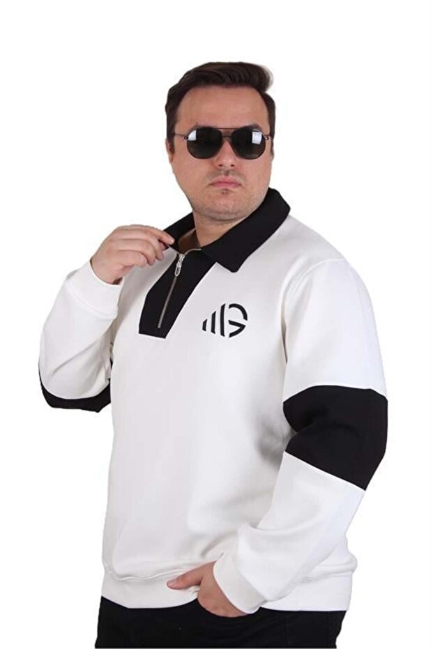 Large Size Polo Neck Zippered Sweat Double Face 25709 Beige