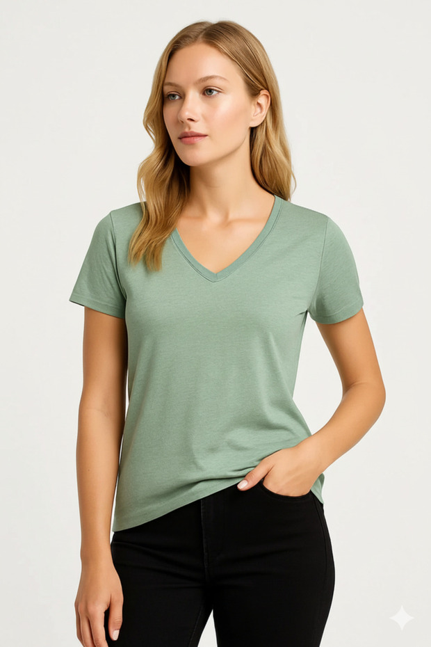 Kadın V Yaka Basic Tişört – Limited Color Drop - 1