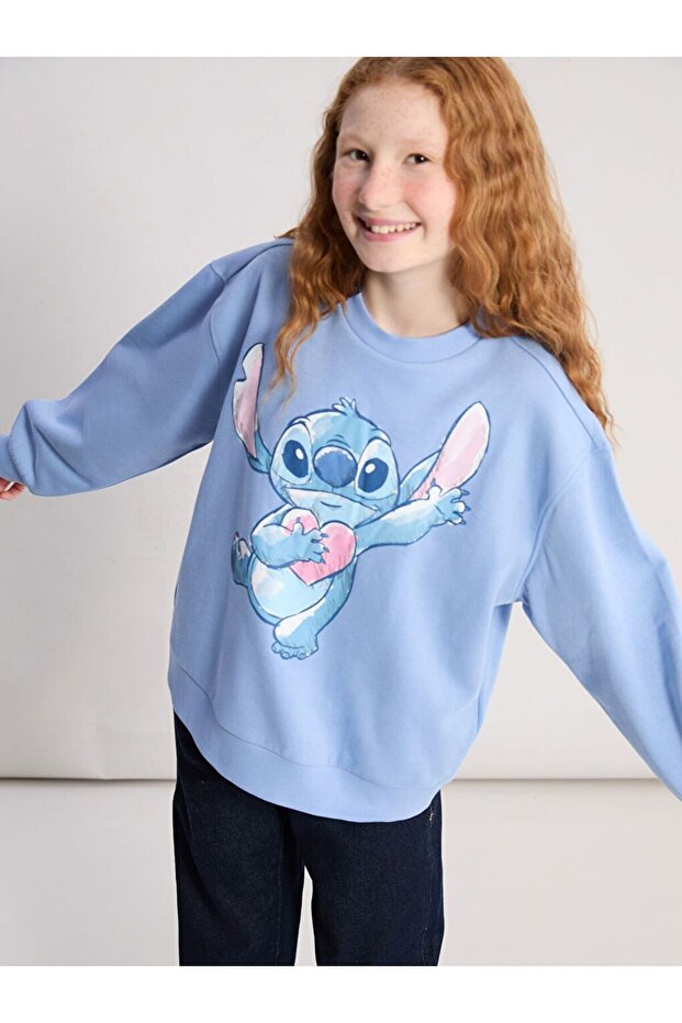 Lcw Kids Blue Crew Neck Stitch Printed Girls' Sweatshirt
