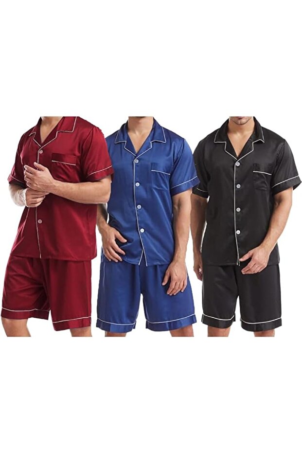Mens Satin Pajamas Set Button Down Short Sleeve Silk Sleepwear Loose Pocket-3pack-MG02