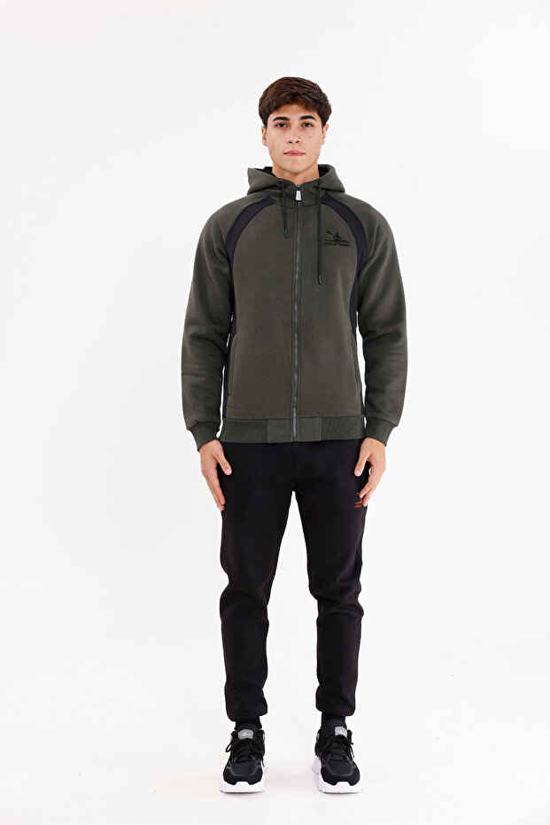 Two Piece Sports Tracksuit Set with Side Panel Detail Zippered Hooded Top and Bottom with Pockets