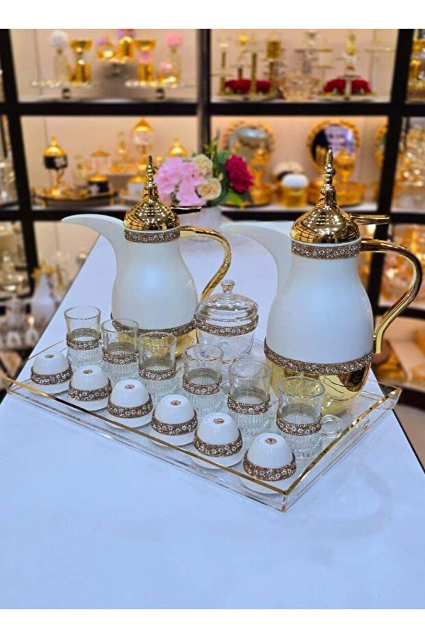 22Pieces Arabic Tea Coffee Set with Tray, 2-Piece White Gold Thermos, 6 Cawa Cups, 6 Tea Cups, 6 Sau
