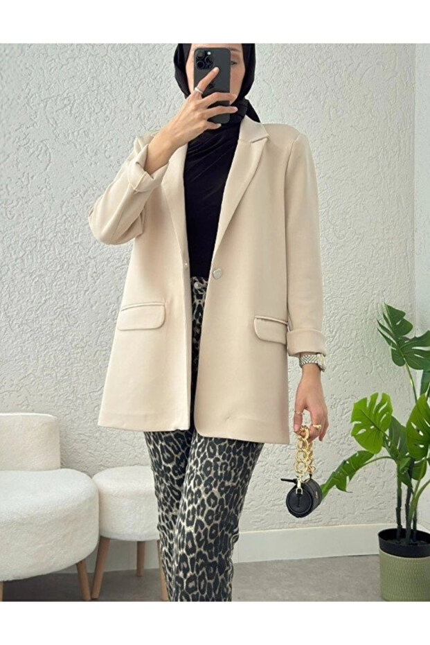 Single Button Lycra Jacket with Pockets - Beige - 1